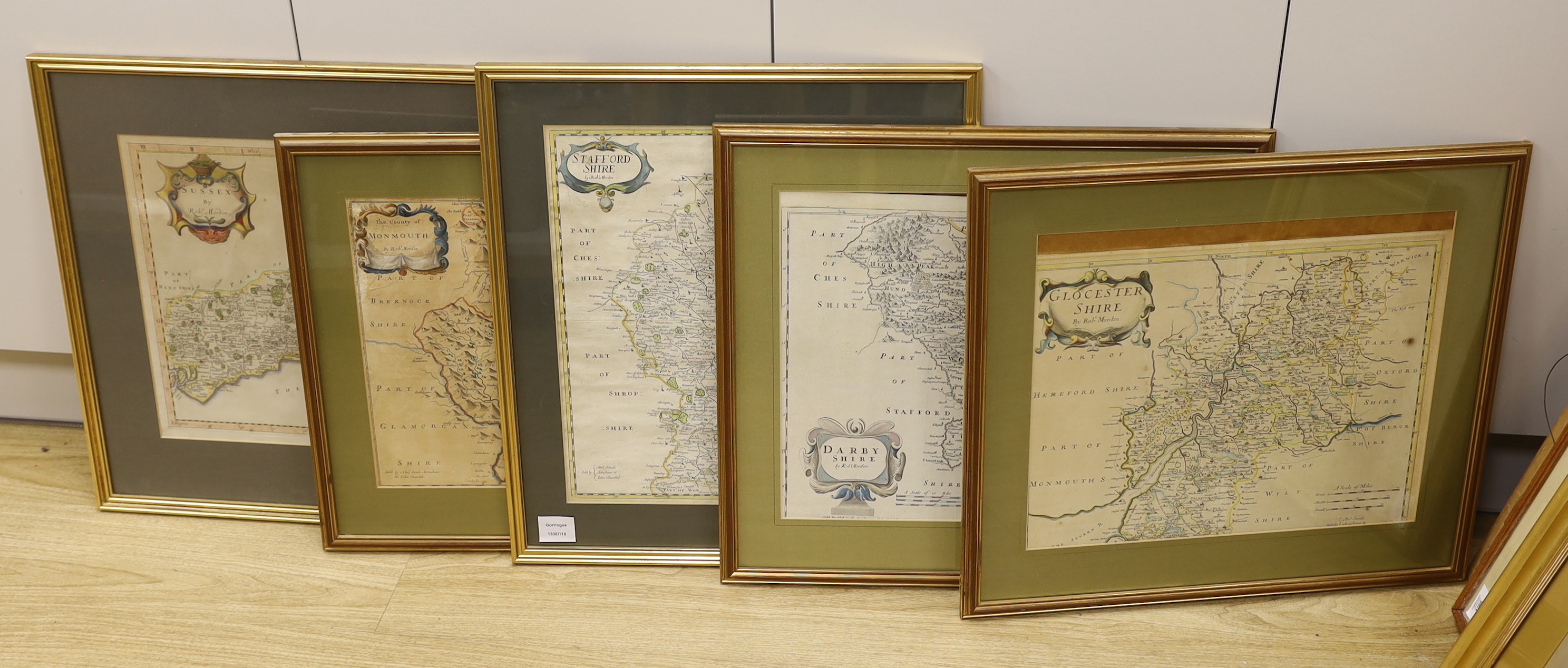 Robert Morden (1650-1703) five antique hand coloured maps, comprising Sussex, Monmouthshire, Staffordshire, Gloucestershire and Derbyshire, 35 x 42cm